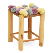 Load image into Gallery viewer, Wooden stool with colorful pom-pom cushion on a white background