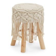 Load image into Gallery viewer, Wooden stool with a macrame cover on a white background