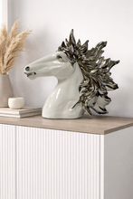 Load image into Gallery viewer, Decorative horse head sculpture on a wooden shelf with a neutral background