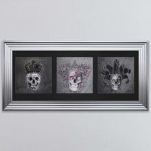 Load image into Gallery viewer, King,Queen And Jester Skull Triptych Card Framed Wall Art