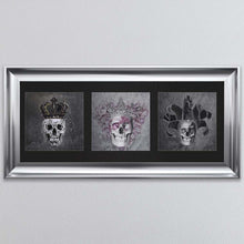 Load image into Gallery viewer, King,Queen And Jester Skull Triptych Card Framed Wall Art