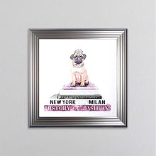 Load image into Gallery viewer, Pug On A Pink Bookstack Framed Wall Art