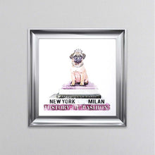 Load image into Gallery viewer, Pug On A Pink Bookstack Framed Wall Art