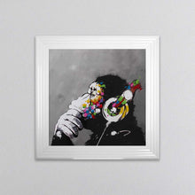 Load image into Gallery viewer, Thinking Monkey Wearing Headphones Framed Wall Art