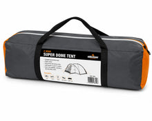 Load image into Gallery viewer, A packed 2-man Super Dome Tent by Milestone, shown in its black carrying bag with orange side panels and a white product label on a white background.
