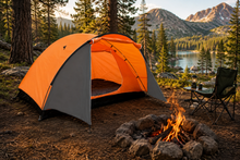 Load image into Gallery viewer, An orange and gray dome camping tent is pitched at a lakeside campsite with a fire pit, folding chair, pine trees, and mountains in the background.
