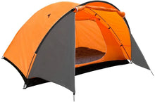 Load image into Gallery viewer, An orange and gray dome camping tent with its front door open, showing the interior sleeping area, isolated on a white background.
