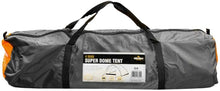 Load image into Gallery viewer, Gray 4-man super dome tent packed inside a black carrying bag with black handles and orange side accents, on a white background.
