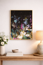 Load image into Gallery viewer, Abstract floral painting on a wall above a wooden console table with decor items.
