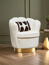 Load image into Gallery viewer, White armchair with gold base and black patterned pillow in a room setting.
