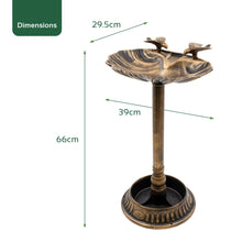 Load image into Gallery viewer, Bronze bird bath with dimension annotations showing a height of 66cm, width of 39cm, and depth of 29.5cm on a white background.
