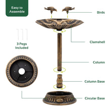 Load image into Gallery viewer, An exploded assembly diagram of a bronze bird bath with labeled parts including Birds, Clampshell, Column, Column Base, and Circular Base, plus a green 'Easy to Assemble' badge and note that 3 pegs are included.
