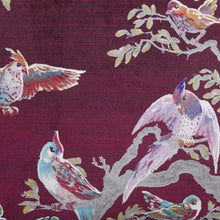 Load image into Gallery viewer, Pattern of colorful birds on a dark red background
