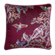 Load image into Gallery viewer, Decorative pillow with bird and branch pattern on a red background
