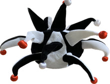Load image into Gallery viewer, Black, white, and red jester hat with pom-poms on a white background
