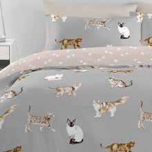 Load image into Gallery viewer, Cat-themed bedding set with gray background
