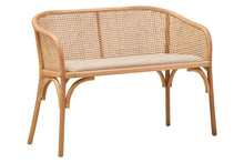 Load image into Gallery viewer, Wicker bench with beige cushion on a white background
