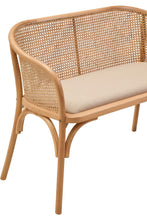 Load image into Gallery viewer, Wicker bench with beige cushion on a white background
