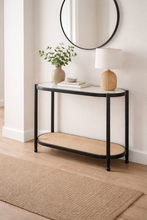 Load image into Gallery viewer, Console table with a round mirror, lamp, and decorative items in a room.
