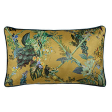 Load image into Gallery viewer, Decorative pillow with a floral and botanical design on a mustard yellow background

