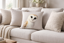 Load image into Gallery viewer, Light gray sofa with a pillow featuring an owl design in a living room setting.
