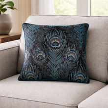 Load image into Gallery viewer, Decorative pillow with peacock feather pattern on a beige sofa

