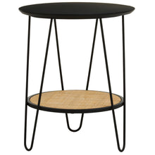 Load image into Gallery viewer, Small round table with black metal legs and a woven top on a white background
