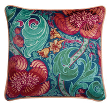 Load image into Gallery viewer, Decorative pillow with colorful floral and paisley pattern on a blue background
