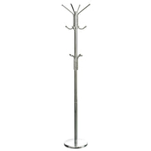 Load image into Gallery viewer, Chrome metal coat rack with multiple hooks on a white background

