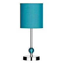 Load image into Gallery viewer, Table lamp with a turquoise shade and base on a white background

