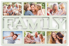 Load image into Gallery viewer, A rectangular family photo collage frame with seven inset photo slots around large raised letters spelling FAMILY, shown on a white background.
