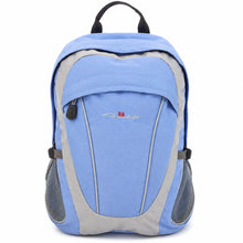 Load image into Gallery viewer, A light blue and gray backpack with black top handle and side mesh pockets, featuring a small embroidered logo on the front pocket, shown against a plain white background.
