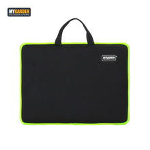 Load image into Gallery viewer, A black neoprene laptop sleeve with a bright neon green trim and top handle, featuring the MYGARDEN logo on the upper right, shown against a plain white background.

