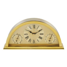 Load image into Gallery viewer, Gold and silver arched mantel clock with a central Roman numeral face and two smaller subsidiary dials on a white background.
