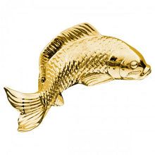 Load image into Gallery viewer, A polished gold fish-shaped brooch or pin, shown in profile against a plain white background.
