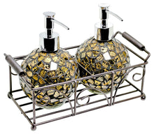 Load image into Gallery viewer, A two-piece bathroom set featuring mosaic-patterned soap and lotion dispensers in a matching metal wire tray with handles, shown on a white background.
