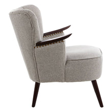 Load image into Gallery viewer, Gray armchair with a wooden side table on a white background

