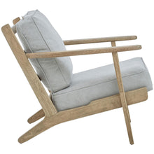 Load image into Gallery viewer, Wooden armchair with light gray cushions on a white background

