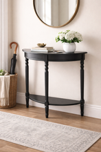Load image into Gallery viewer, Black console table with a mirror above it in a room setting.
