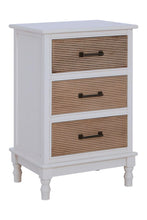 Load image into Gallery viewer, White cabinet with three wooden drawers on a white background
