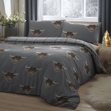 Load image into Gallery viewer, Gray bedding set with bull head pattern on a bed in a room with a window and decorative items.
