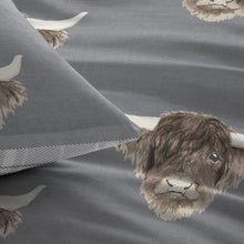 Load image into Gallery viewer, Fabric with highland cow pattern on a gray background
