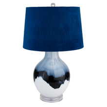 Load image into Gallery viewer, Table lamp with a blue lampshade and a white and black base on a white background
