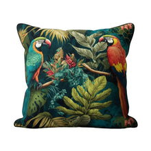 Load image into Gallery viewer, Decorative pillow with parrot and leaf pattern on a white background
