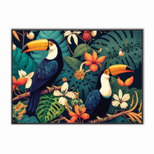 Load image into Gallery viewer, Illustration of two toucans in a tropical setting with flowers and leaves.

