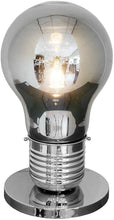 Load image into Gallery viewer, Chrome light bulb-shaped table lamp with a clear glass cover.
