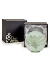 Load image into Gallery viewer, Decorative green glass ball with floral design in a black box on a white background
