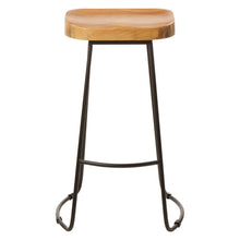 Load image into Gallery viewer, Bar stool with wooden seat and metal legs on a white background
