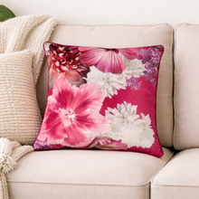 Load image into Gallery viewer, Floral pillow with pink and white flowers on a beige couch

