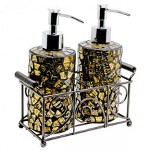 Load image into Gallery viewer, A two-piece bathroom accessory set featuring mosaic-patterned soap and lotion dispensers in a matching metal caddy, shown on a plain white background.
